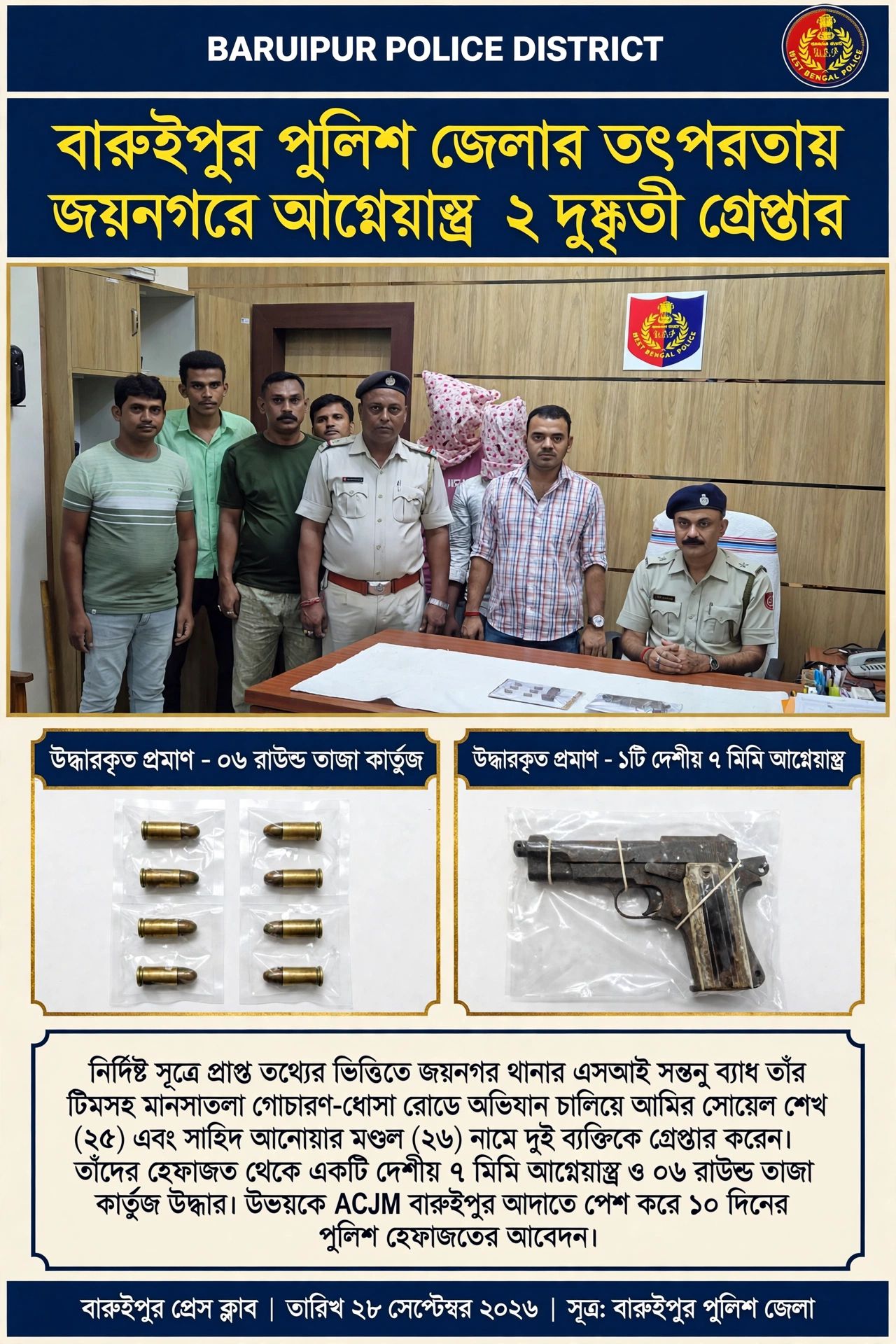 বারুইপুরে আগ্নেয়াস্ত্র ও তাজা কার্তুজ সহ দুষ্কৃতী যুবক গ... - ছবি 2